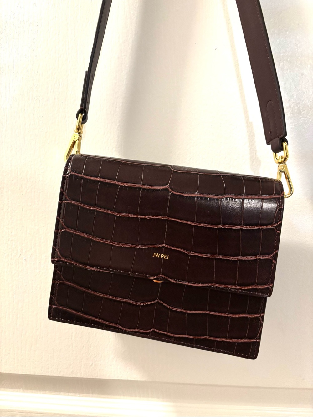 JW PEI Brown/Burgundy Mini Flap Croc-Embossed Crossbody Bag